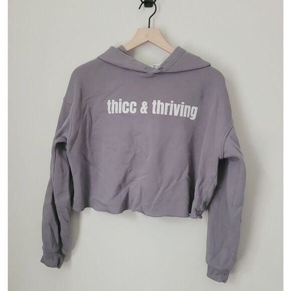 Bella + Canvas Thicc & Thriving Grey Cropped Hoodie Size Large - Picture 1 of 5